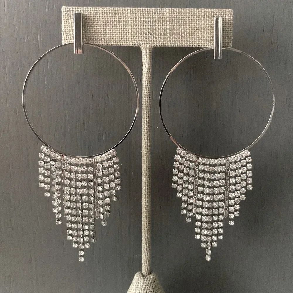 Cristabelle Art Deco Fringe Earrings – Silver Hoop & Rhinestone Drops